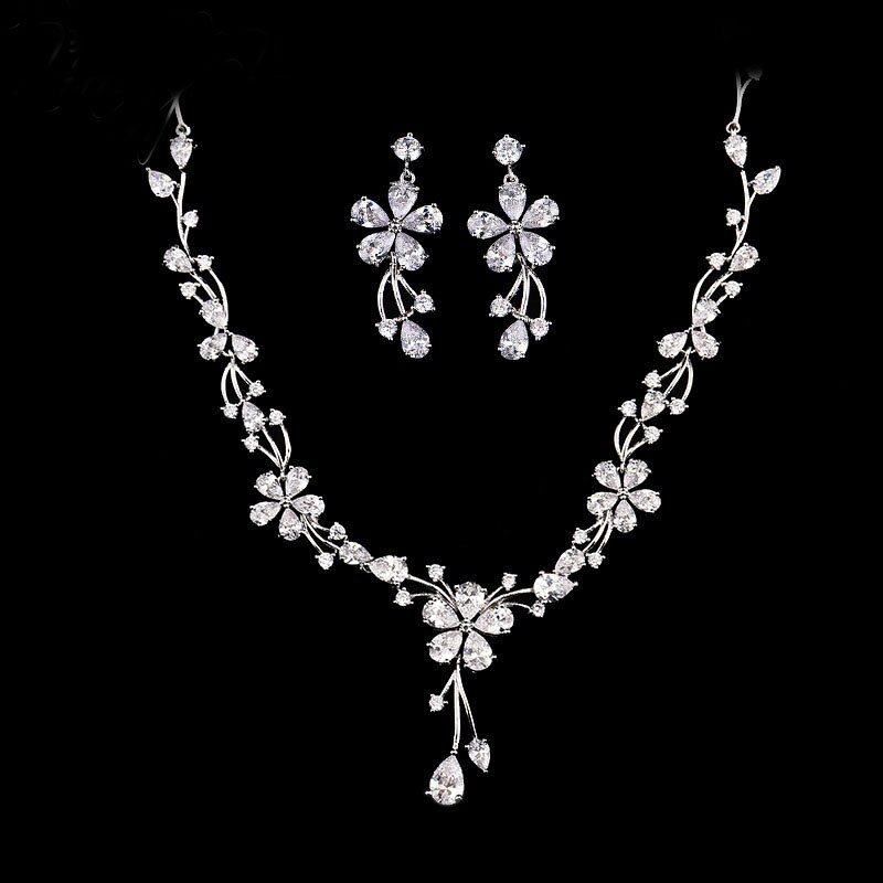 Women-Bridal-Wedding-Jewelry-Sets-Charm-Crystal-Flower-Drop-Pendant-Necklace-And-Earrings-Sets-Shininy-Cubic